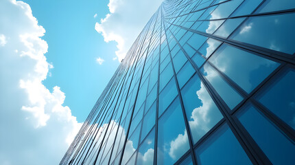 Modern Glass Skyscraper Reflecting Blue Sky and Clouds: Architecture, Urban Landscape, Business Building, Contemporary Design