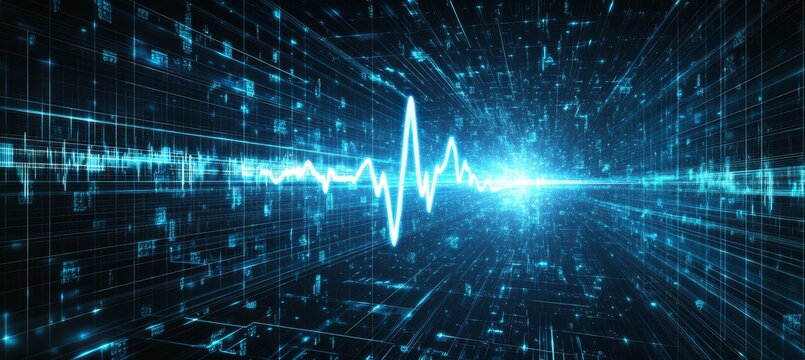Digital EKG Line, Heartbeat Pulse On Futuristic Technology Background With Flowing Data Stream - Powered by Adobe