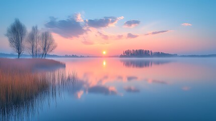 Fototapeta premium Sunrise over calm lake, misty shoreline, peaceful landscape, nature background, idyllic scene