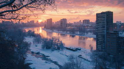 A serene winter sunrise with a snow-covered riverbank, urban skyline, and vibrant colors reflecting on the water