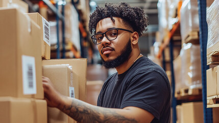 Warehouse employee checks boxes in a large stockroom, ensuring accurate inventory. Efficient logistics and distribution at work.