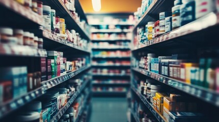 A brightly lit pharmacy showing a wide variety of health and wellness products, from vitamins to first-aid kits, 