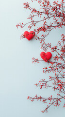 Red hearts and blooming branches on light blue background