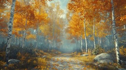 Autumnal path through golden birch forest