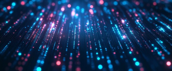 Abstract digital data stream; glowing lines, particles; dark background; tech visuals