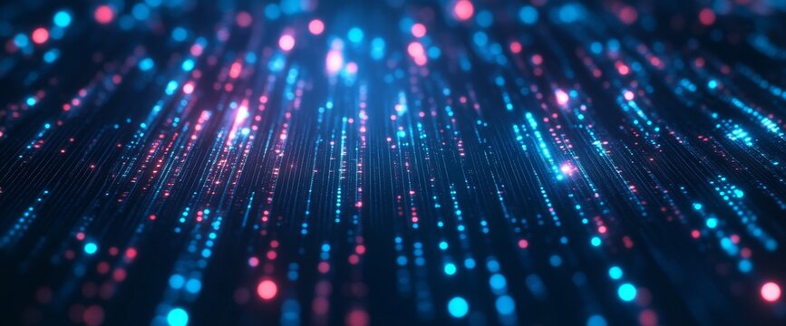 Abstract digital data stream; glowing lines, particles; dark background; tech visuals