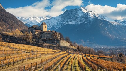 Scenic Vineyard Landscape with Mountains and Blue Sky in Autumn