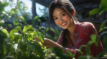 Smiling young woman works in her garden tending plants