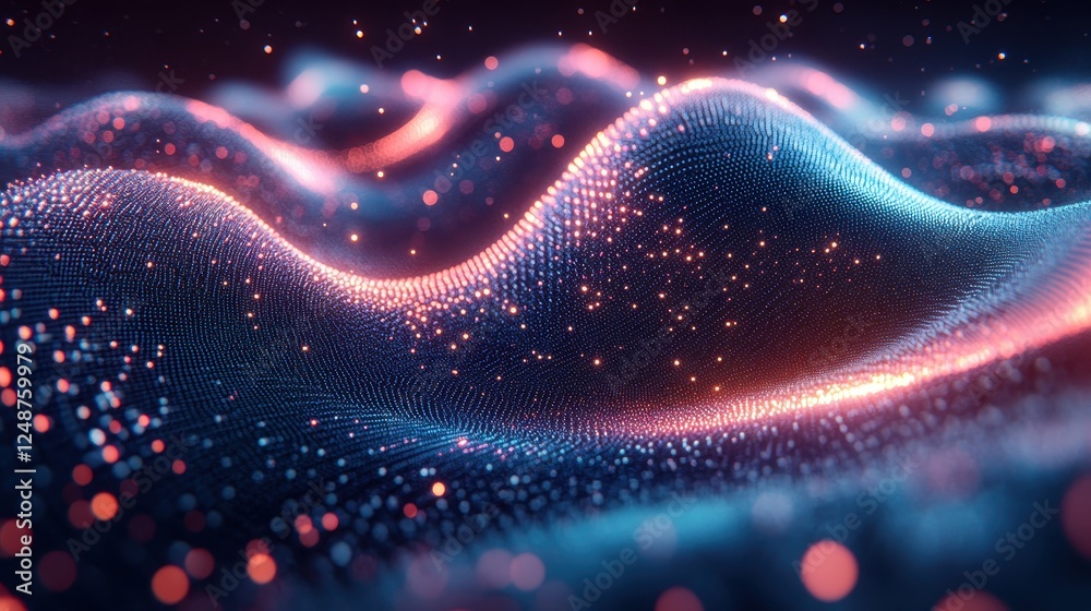 Poster abstract data wave, glowing particles, dark background, digital tech concept