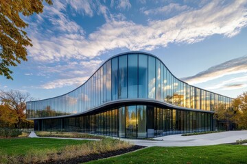 Fototapeta premium modernist research facility with curved glass facade reflecting clouds, minimalist architecture, sustainable design features