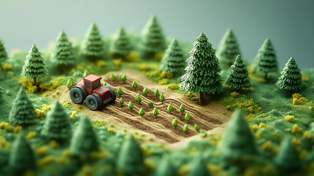 Lordflook isometric 3d low-poly drone-assisted reforestation in a vibrant forest with a toy truck driving through trees