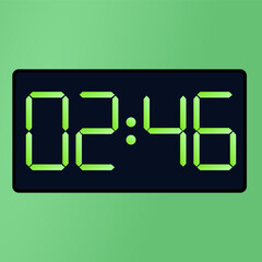 Black smartwatch interface displaying 02:46 vector on a green background. digital alarm clock