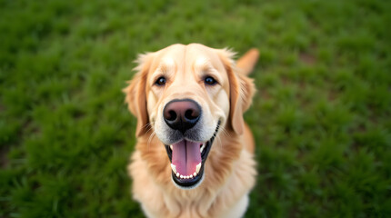 Happy Golden Retriever Dog Portrait: Smiling Pet Face in Green Grass, Close-Up of Cute Canine Friend, Outdoor Animal Photography