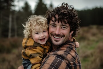 A happy father with curly hair and stubble, wearing flannel, giving his smiling toddler son, who has blonde curls in pigtails