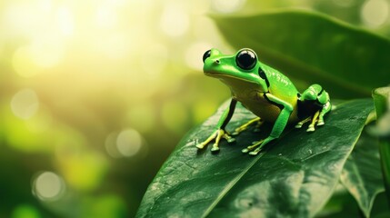 Naklejka premium A vibrant green frog rests on a leaf, surrounded by a blurred background of greenery and soft sunlight, showcasing its natural habitat.