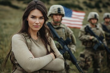 Fototapeta premium A cheerful woman poses confidently with arms crossed, standing in front of soldiers holding weapons and an American flag in the background