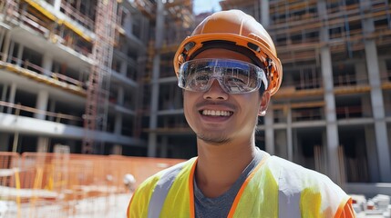 A construction engineer in Thailand, wearing augmented reality glasses for real-time data overlay