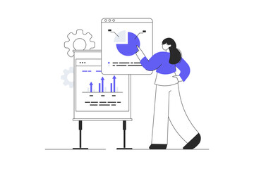 Financial data analysis, analytics concept. Character analyzes graphs, charts, business dashboard, prepares a report. Flat Cartoon Vector Illustration, icon. Stylish abstract 