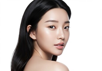 face portrait of beautiful young asian woman. white background. ai generative