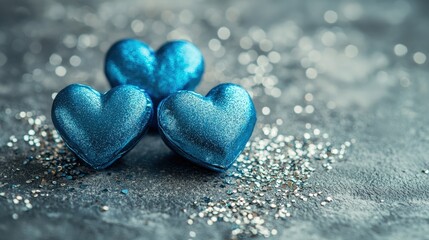 Happy Valentine's Day with Blue Hearts and Glitter on a Soft Background