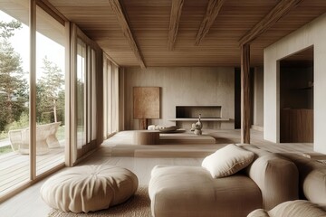 nordic minimalist living room with warm wood accents, organic textures, clean lines, and abundant natural light through large windows