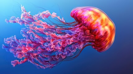 A vibrant jellyfish gracefully floats in deep blue waters, showcasing its colorful tentacles and ethereal beauty.