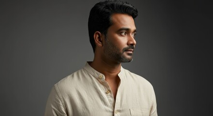 Obraz premium Portrait of Thoughtful Man in Casual Beige Shirt, Studio Photograph Ideal for Corporate and Personal Branding