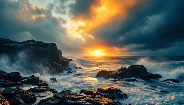 Dramatic Ocean Sunrise: Rocky Coast, Waves Crashing, Golden Sky