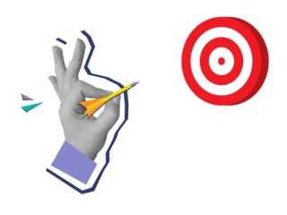 Black and white hand takes aim with a dart in a red round target. Modern photo collage style. Illustration on transparent background
