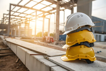 Construction Site with Stacked Safety Helmets – White and Yellow Hard Hats