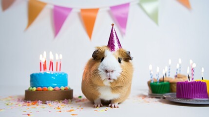 Adorable Guinea Pig Birthday Party Celebration on White Background