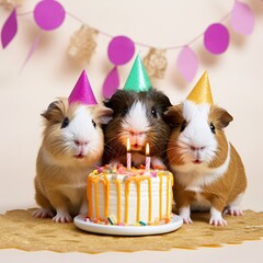 Adorable Guinea Pig Birthday Celebration Scene with Party Hats and Gifts