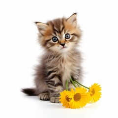 Adorable Kitten with Flower Isolated on White Background - Professional Pet Photography