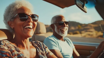 A group of seniors on a nostalgic road trip, smiling and reminiscing about their youth
