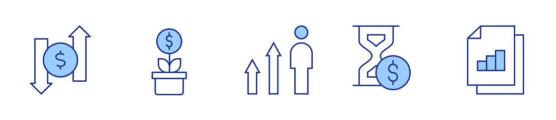 growth, promotion, time is money, data analytics, exchange. Icon vector illustration. Line Duotone style. Editable stroke