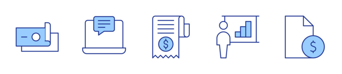 money, laptop, invoice, business presentation, contract. Icon vector illustration. Line Duotone style. Editable stroke