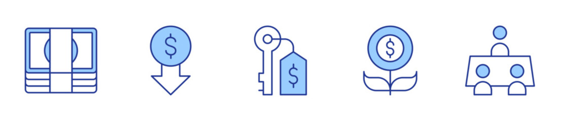 money, low price, key, investment, business meeting. Icon vector illustration. Line Duotone style. Editable stroke