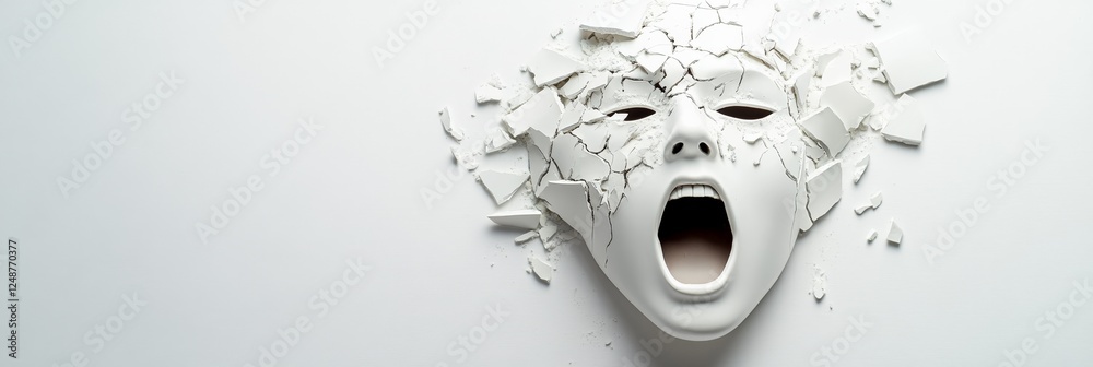 Poster white mask is breaking apart and exploding while screaming, representing mental breakdown, burnout, 