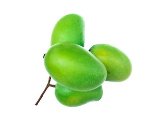 four raw green mangoes isolated on white background. top view.