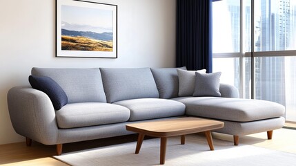 Modern minimalist living room with cozy sofa and wooden table in a bright apartment. Generative AI