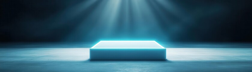 A futuristic glowing platform in a dark environment, illuminated by beams of light, perfect for showcasing products or concepts. podium concept of digital tech blue light background.