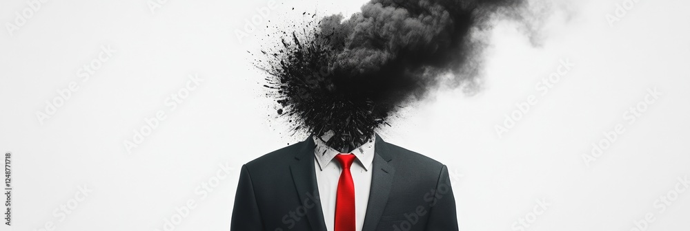 Poster Surreal image of a businessman exploding head with dark smoke and particles, representing stress, burnout, and information overload in the modern business world