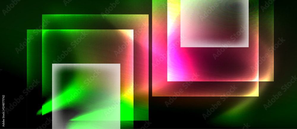 Poster glass squares with neon shiny light abstract background