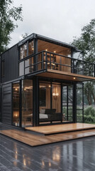 A modern house in the morning, located in a park surrounded by woods