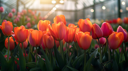 A bouquet of fiery red and orange tulips in a storm lit greenhouse