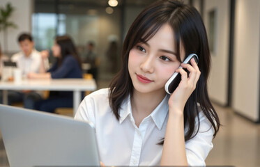 woman with medium black hair in a modern office, reviewing logistics and managing inventory updates on her laptop while coordinating courier services over the phone