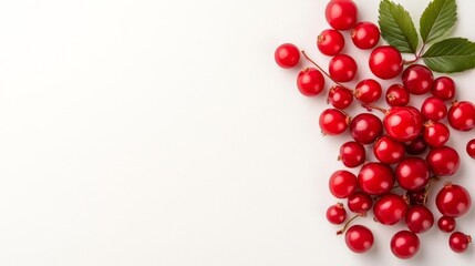 Vibrant Red Cherries with Green Leaves on White Background. Generative AI