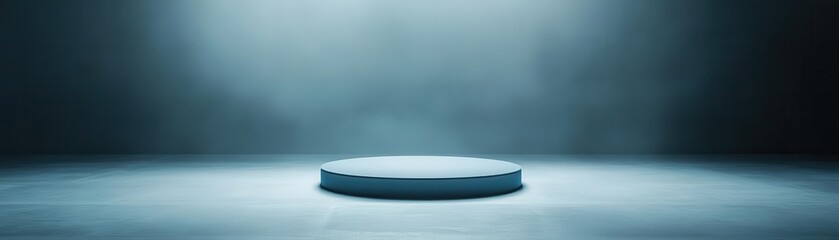 A minimalist display platform illuminated with soft light, perfect for showcasing products or creations in a clean, elegant manner. podium concept of digital tech blue light background.