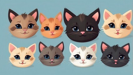 Funny Pet Heads Modern black-faced kitten, feline cartoon smile, emotion, and pleasant illustration. Isolated flat kittens. Emotional animal stickers. Cute emoji.