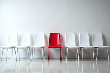 A lone red chair boldly contrasts a row of white, minimalist portrait.